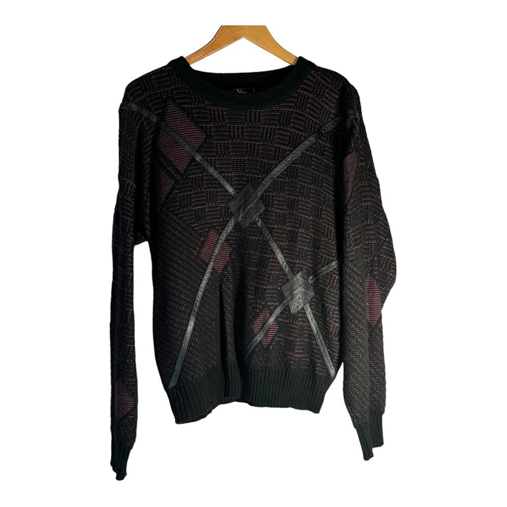 Vtg Alan Stuart Korean Made Leather Geometric Sweater Black L Designer 90s